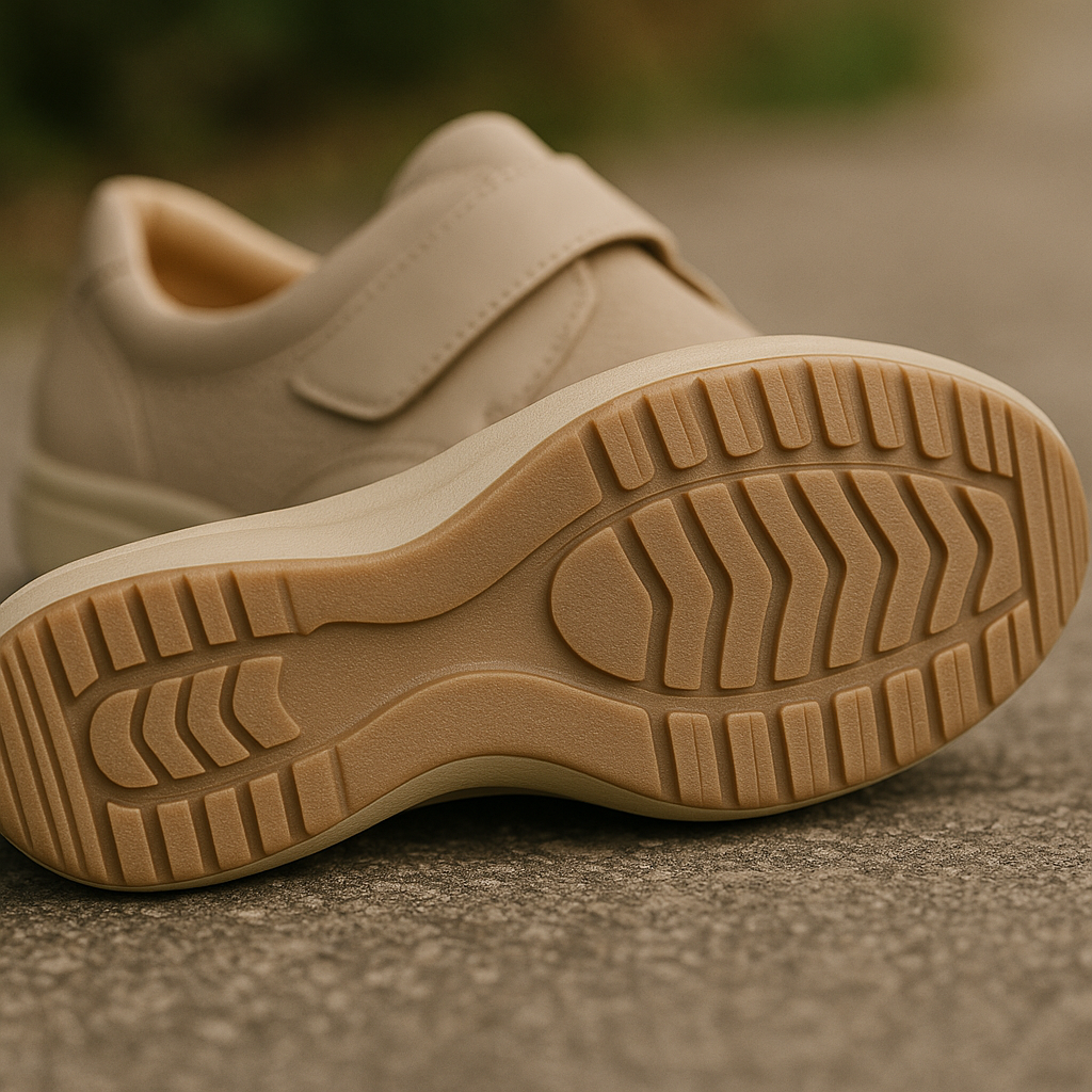 Orthopedic shoe sole with rocker design providing traction and stability for long walks.