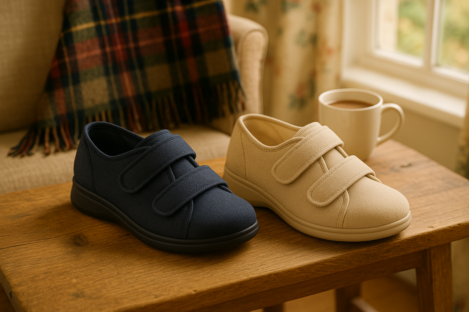 Orthopedic mobility shoes for swollen feet with adjustable straps and wide toe boxes, displayed in a cozy British home setting – ideal therapeutic footwear for comfort and support.