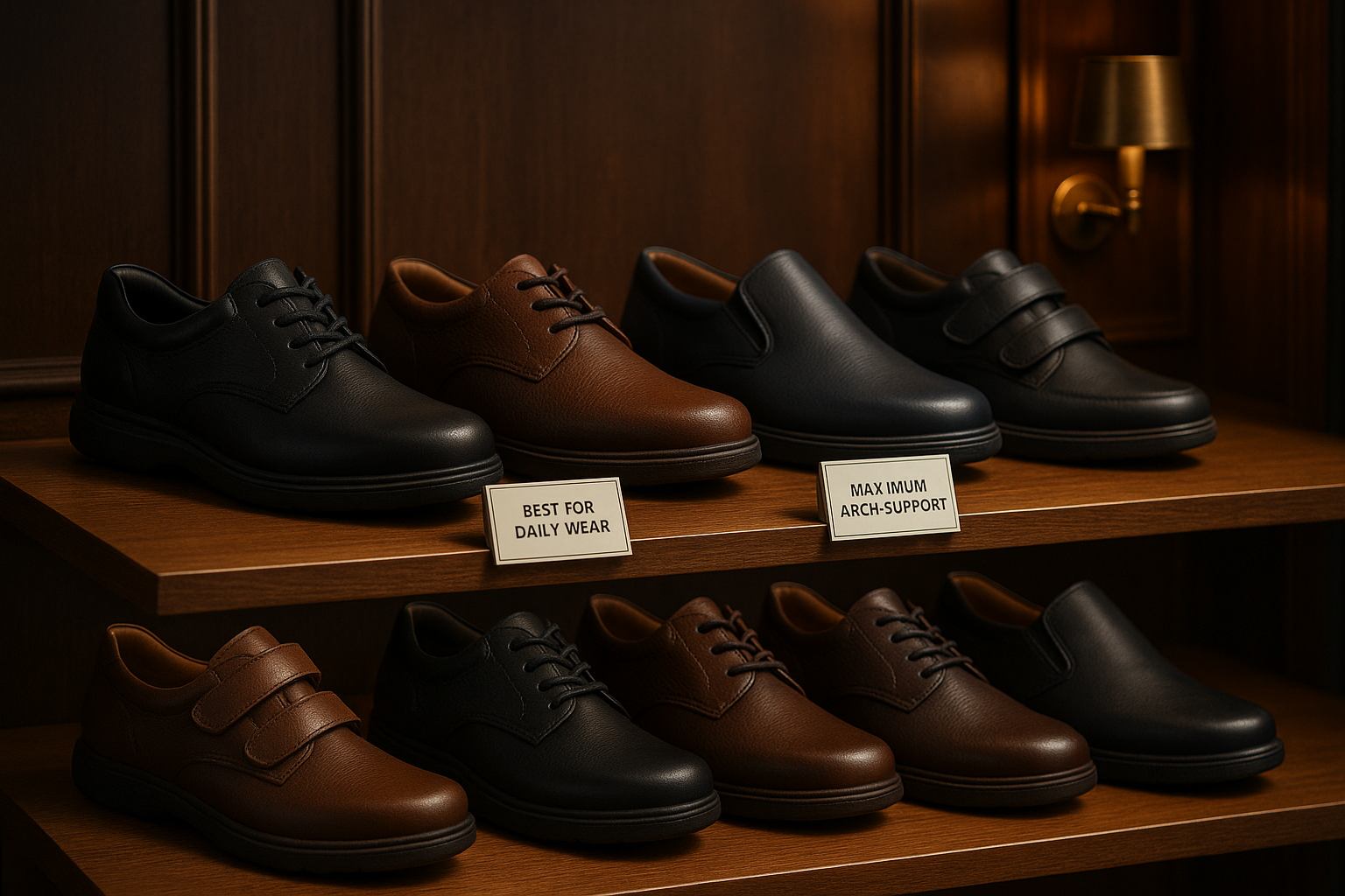 Selection of men’s orthopaedic shoes featuring cushioned soles, arch support, and wide toe boxes – the ultimate guide to choosing supportive footwear for comfort and health.