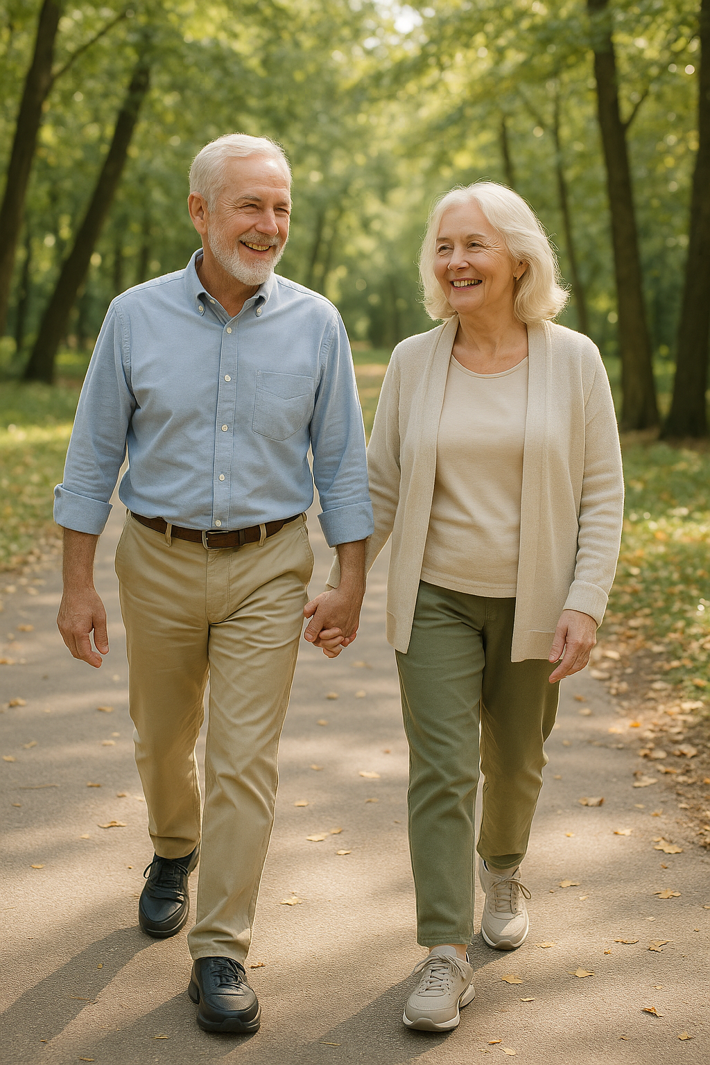 Older couple walking outdoors comfortably in orthopedic shoes designed for active living.