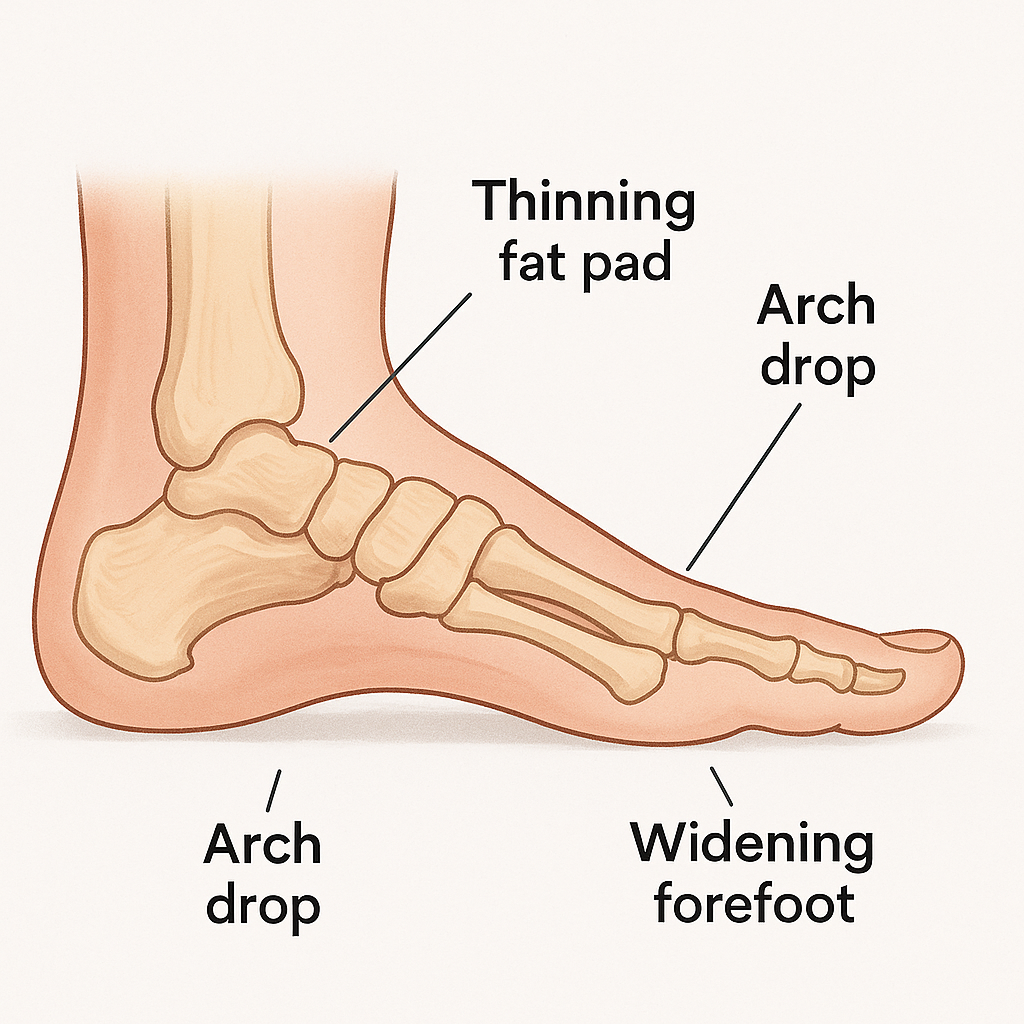 Diagram showing common changes in the foot after age 50.