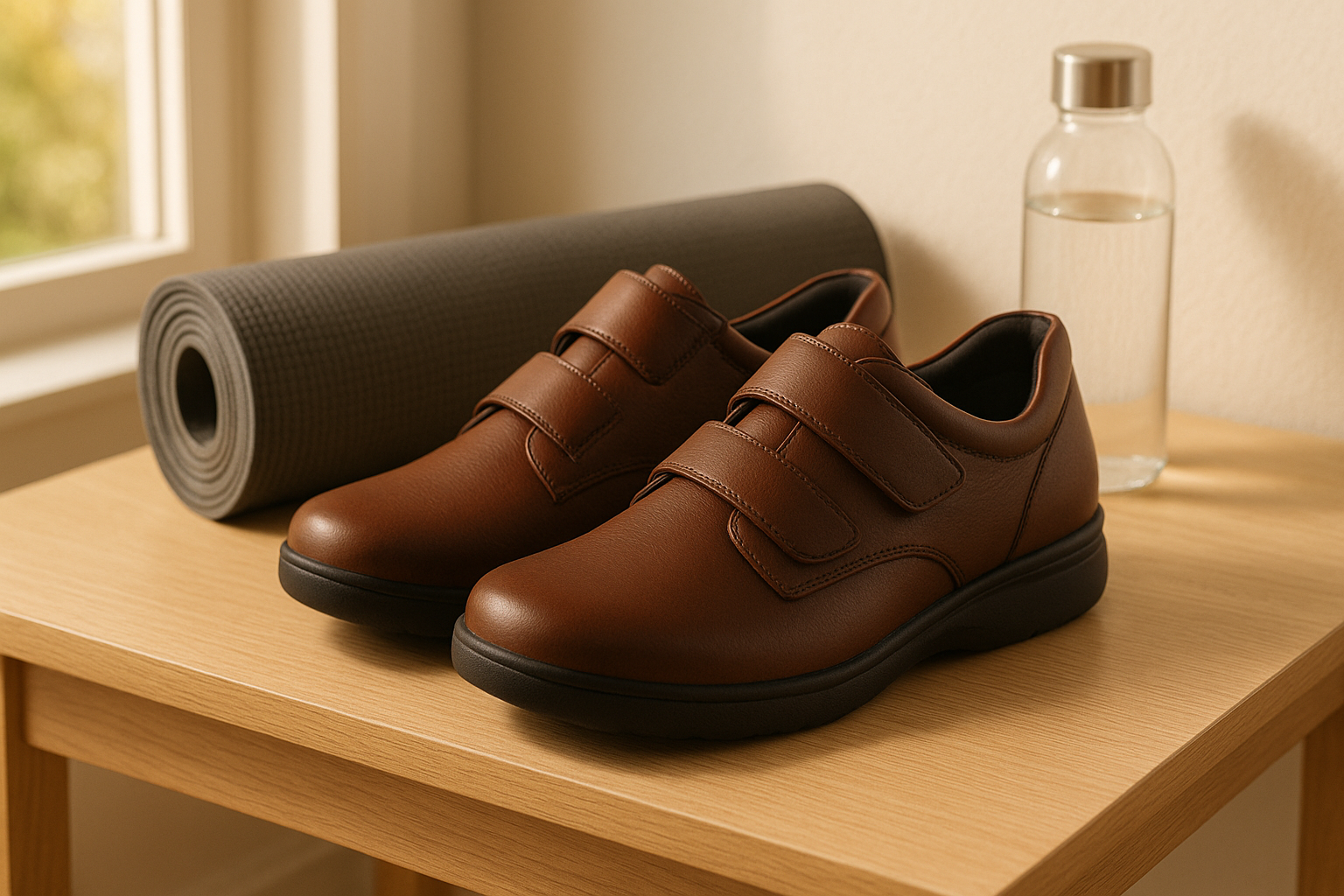 Brown orthopedic shoes with cushioned soles on a hallway bench beside a yoga mat and water bottle.
