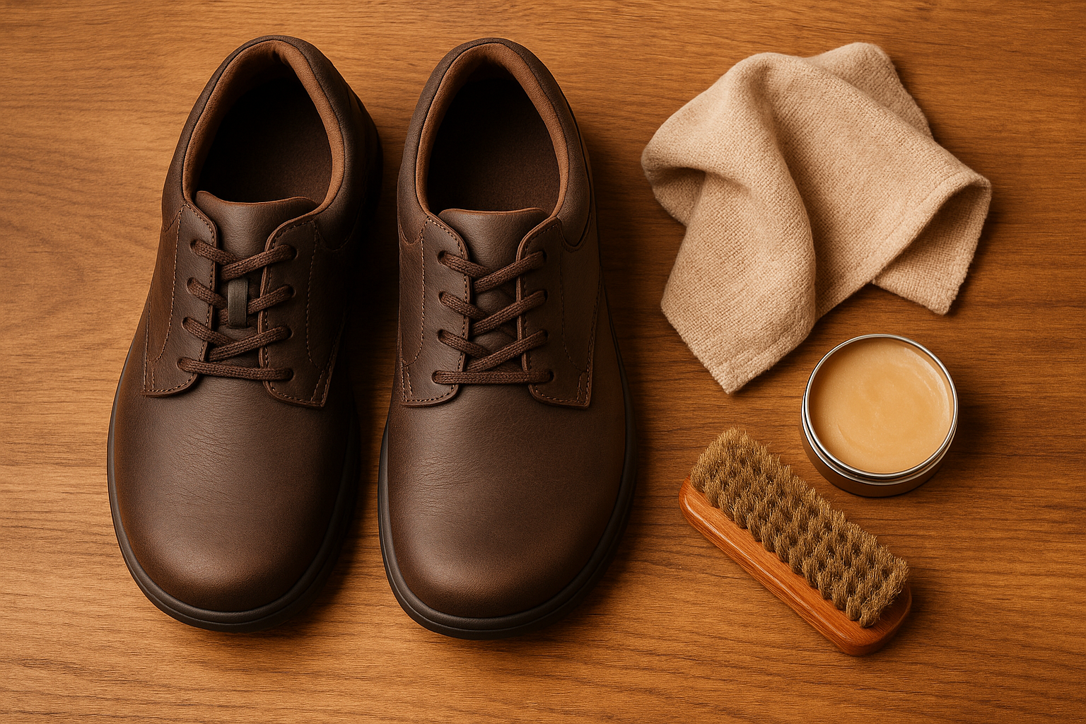 Leather care items arranged beside orthopedic shoes for maintenance and cleaning.