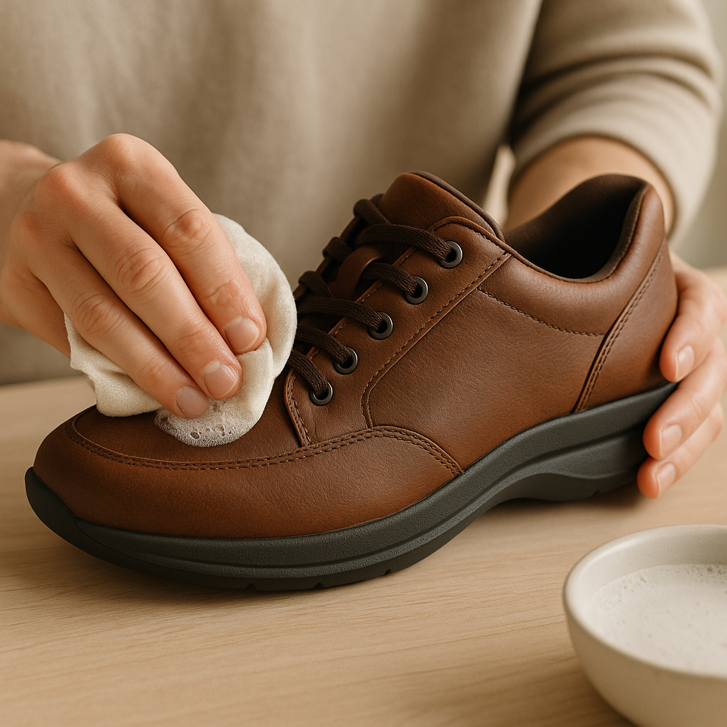 Person cleaning leather orthopedic shoes gently with a soft cloth to protect the finish.