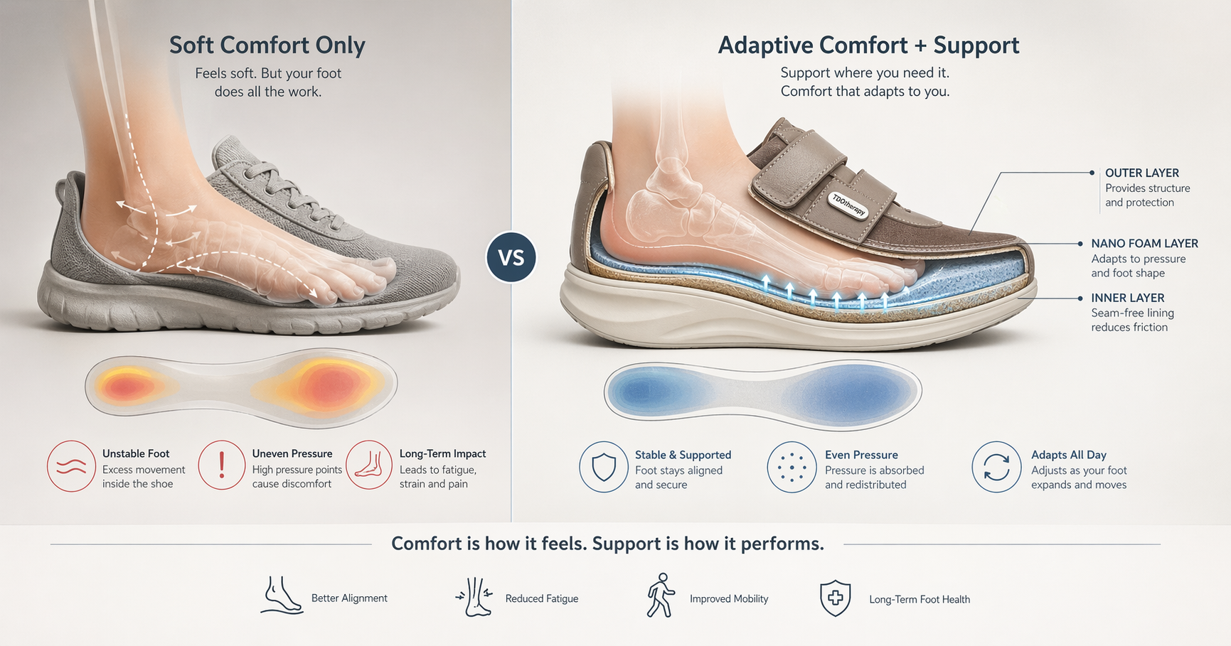 Comparison of soft comfort shoes versus supportive orthopedic footwear showing pressure distribution, foot stability, and TDO Therapy adaptive nano foam system for all-day comfort and protection