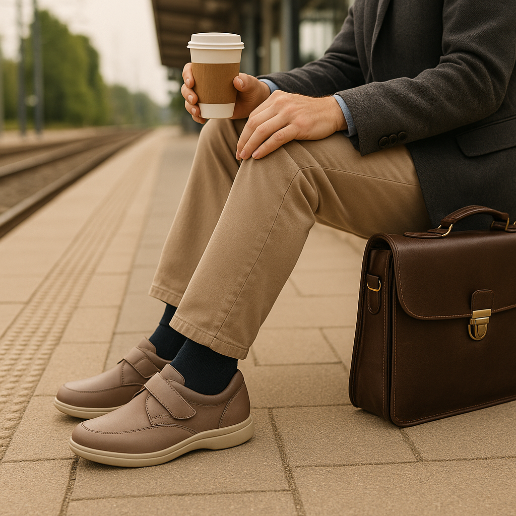 Commuter relaxing at a train platform wearing orthopedic shoes for all-day comfort.