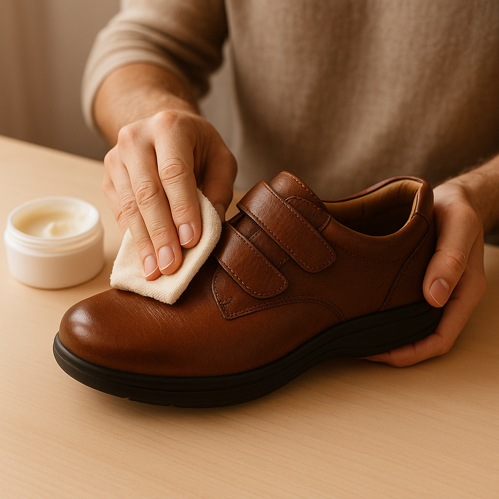 Hands applying leather conditioner to natural leather orthopedic shoes.