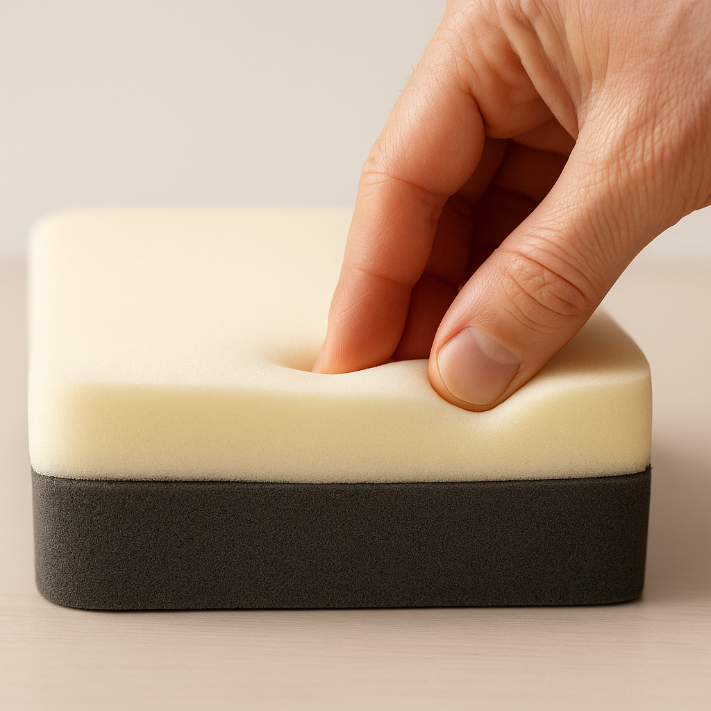 Comparison of soft memory foam and firm orthopedic base layer showing cushion density differences.