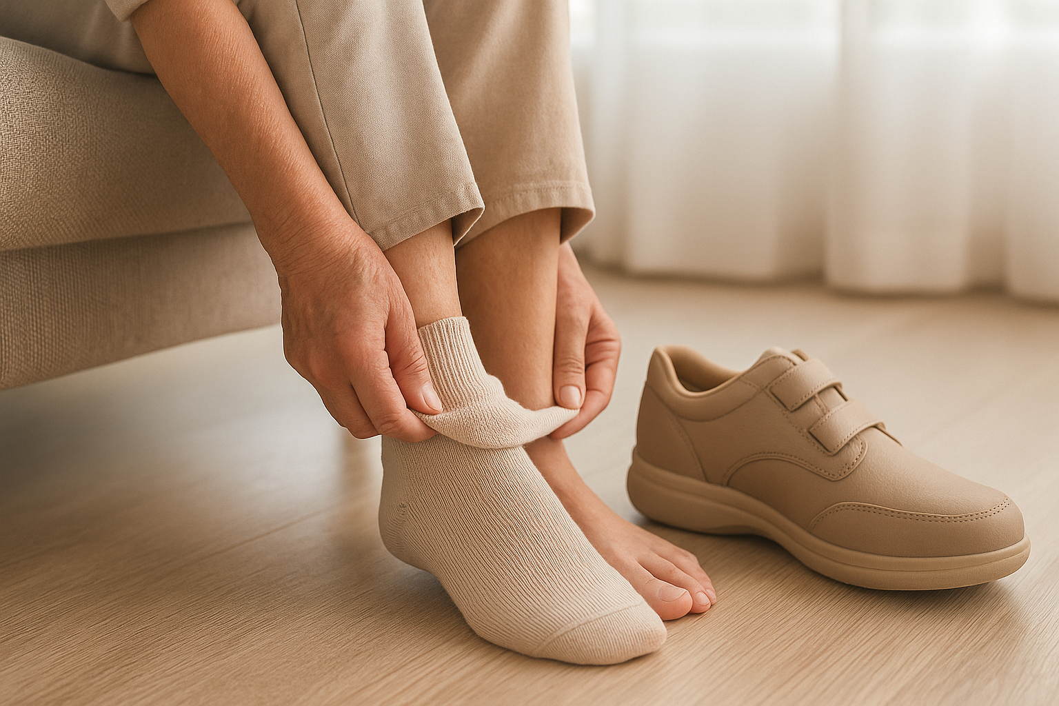 Person wearing soft diabetic socks designed for sensitive feet.