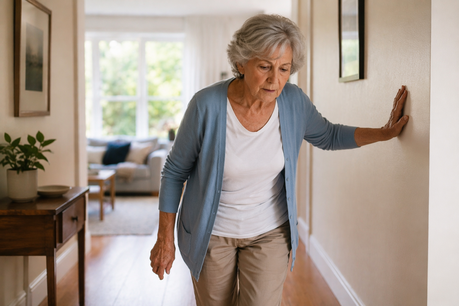 Older adult holding wall for support while walking indoors