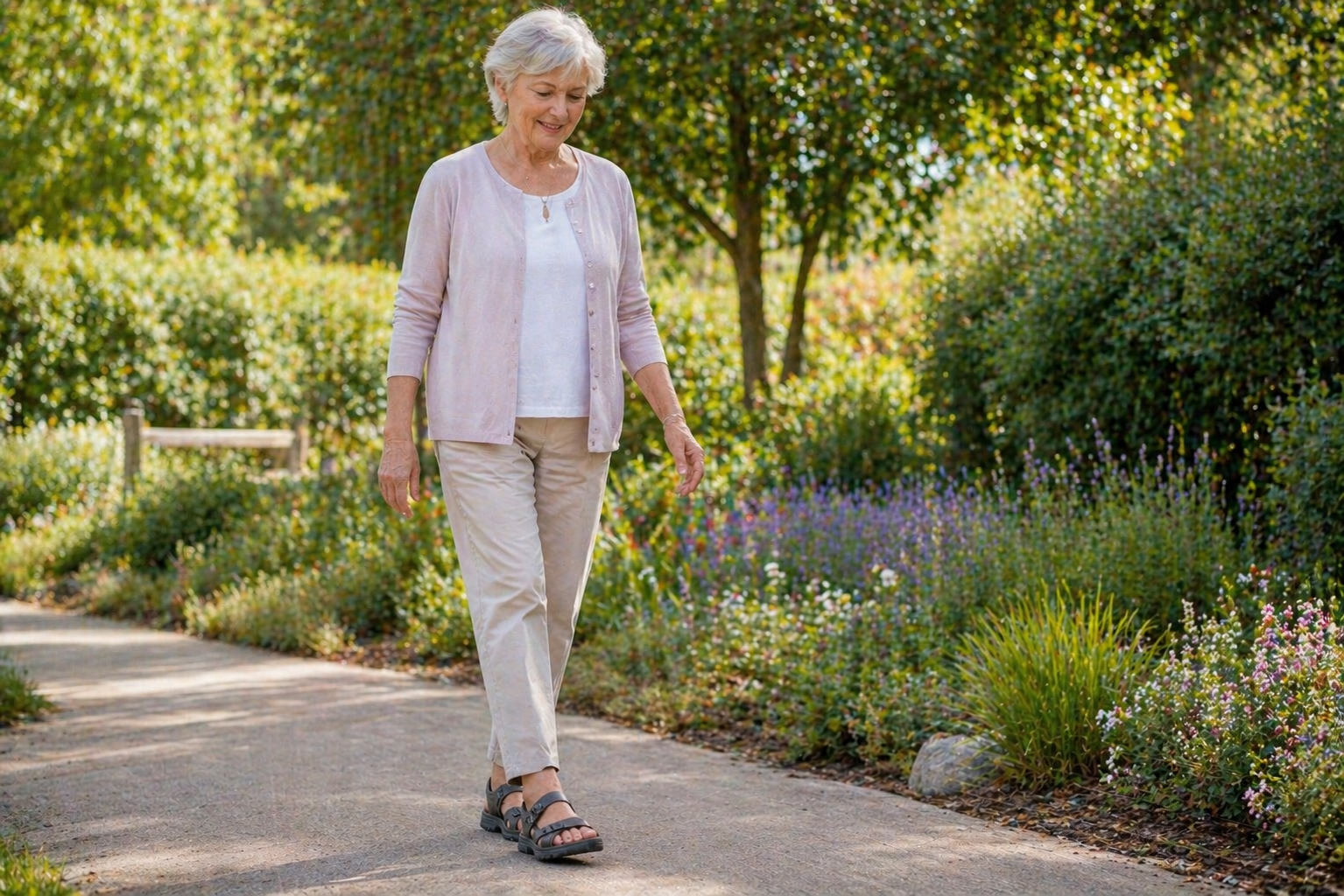 Older lady walking safely outdoor wearing supportive non-slip orthopedic sandals