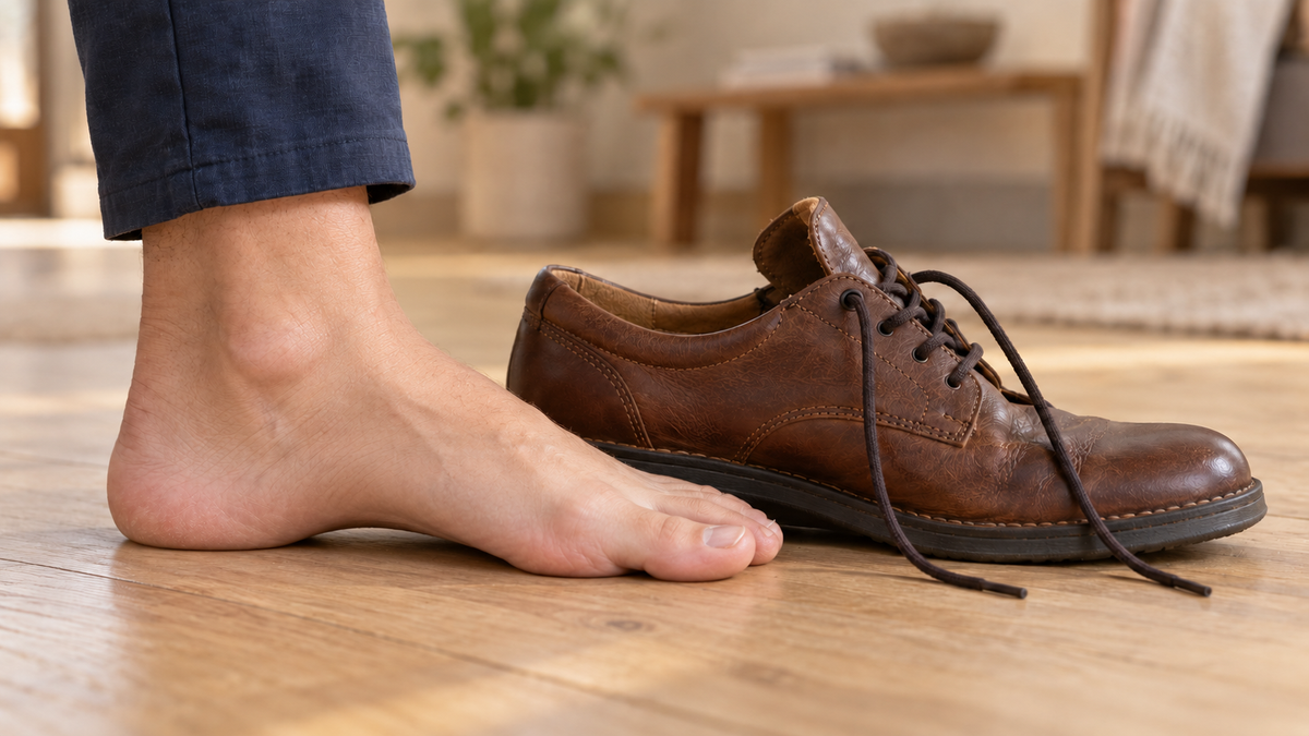 Inner side of an adult foot beside a brown leather lace-up shoe with its tongue and laces opened.