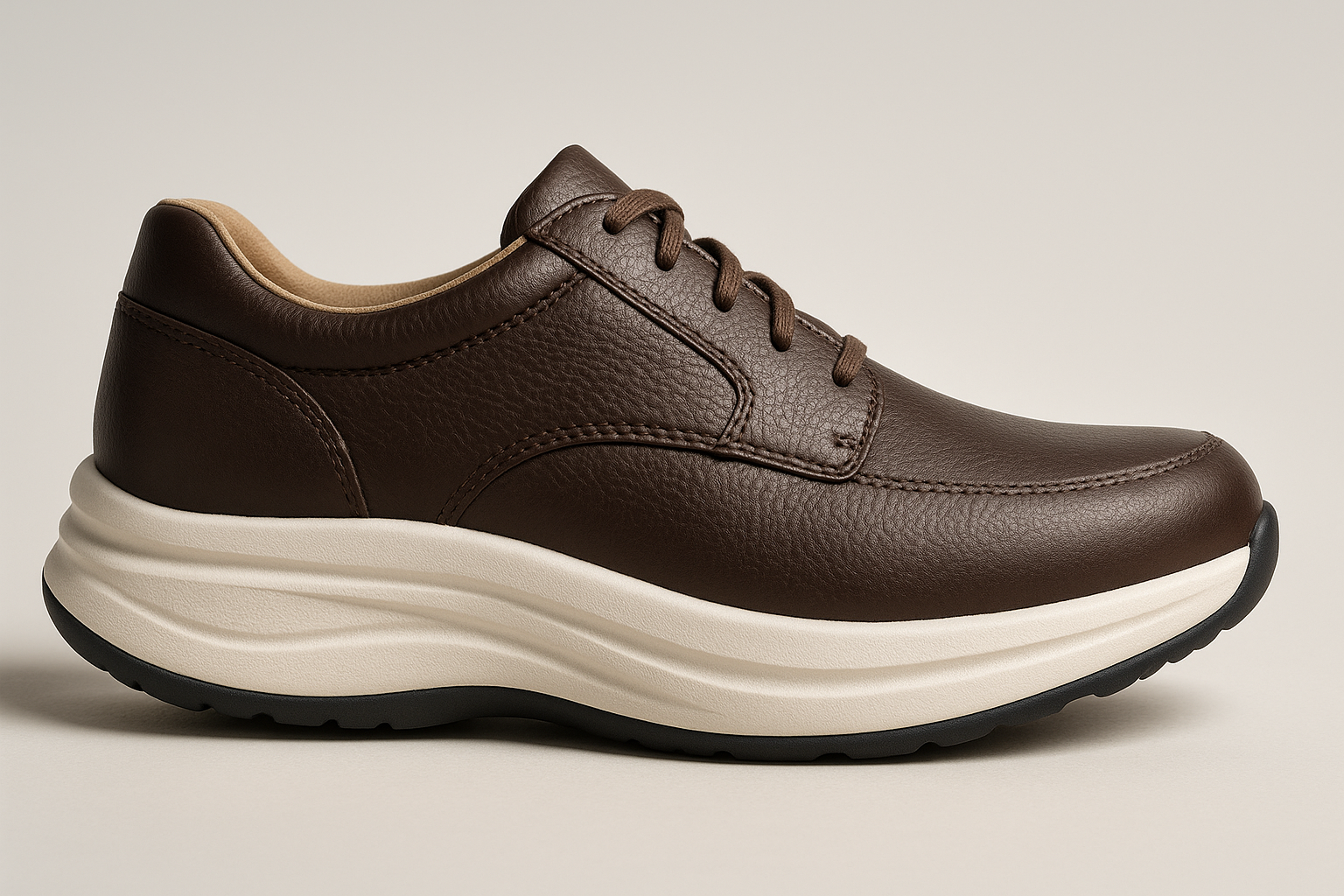 Orthopedic shoe with rocker sole designed to reduce fatigue and conserve walking energy.