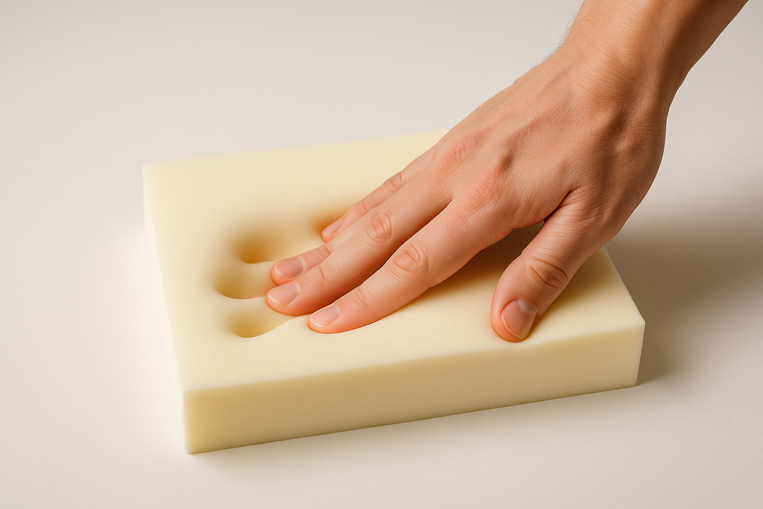 Memory foam being pressed to show how it molds to shape for personalised comfort.