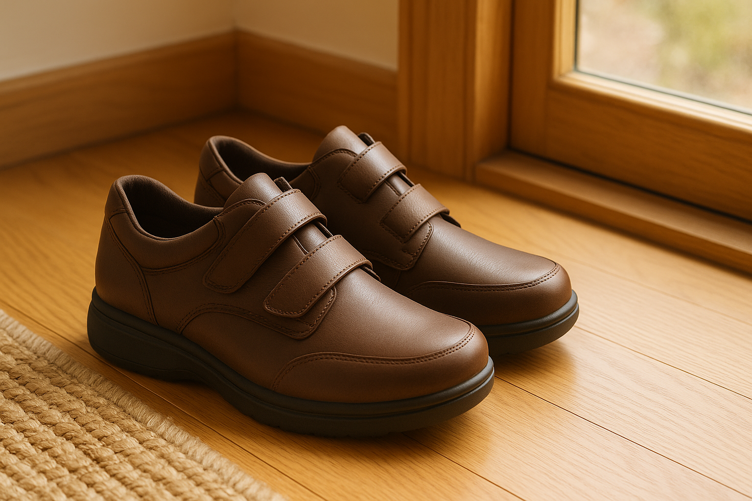 A pair of men’s orthopedic shoes for high arches placed near a window in natural light