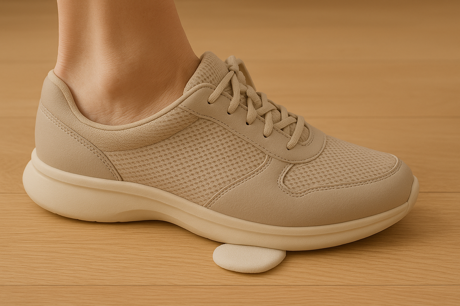 Foot using a metatarsal pad inside a wide-toe-box trainer to relieve Morton’s neuroma pressure.
