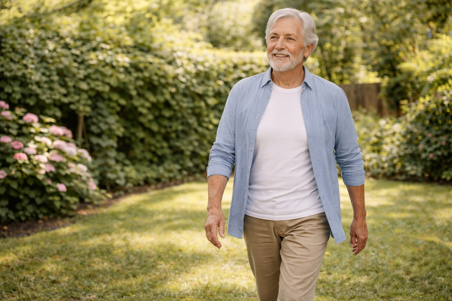 Older adult walking with natural and relaxed stride