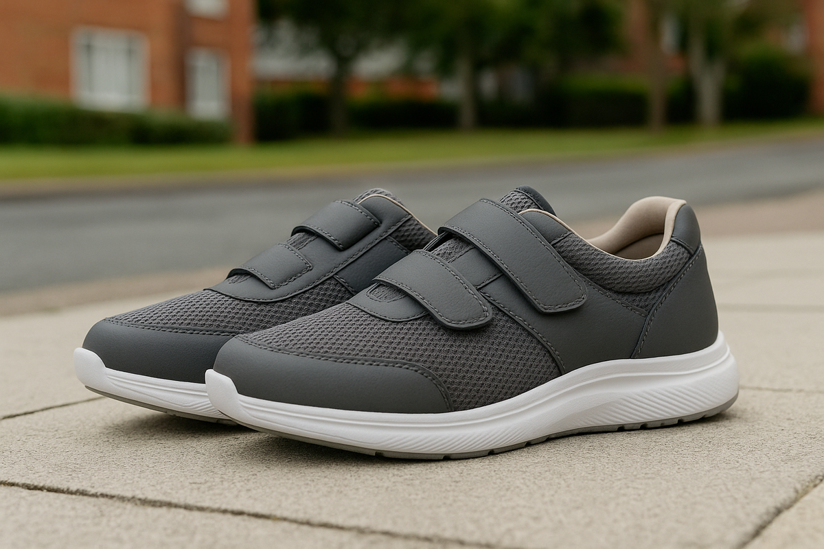 Pair of non-slip orthopaedic shoes designed for balance support in older adults, placed on UK pavement