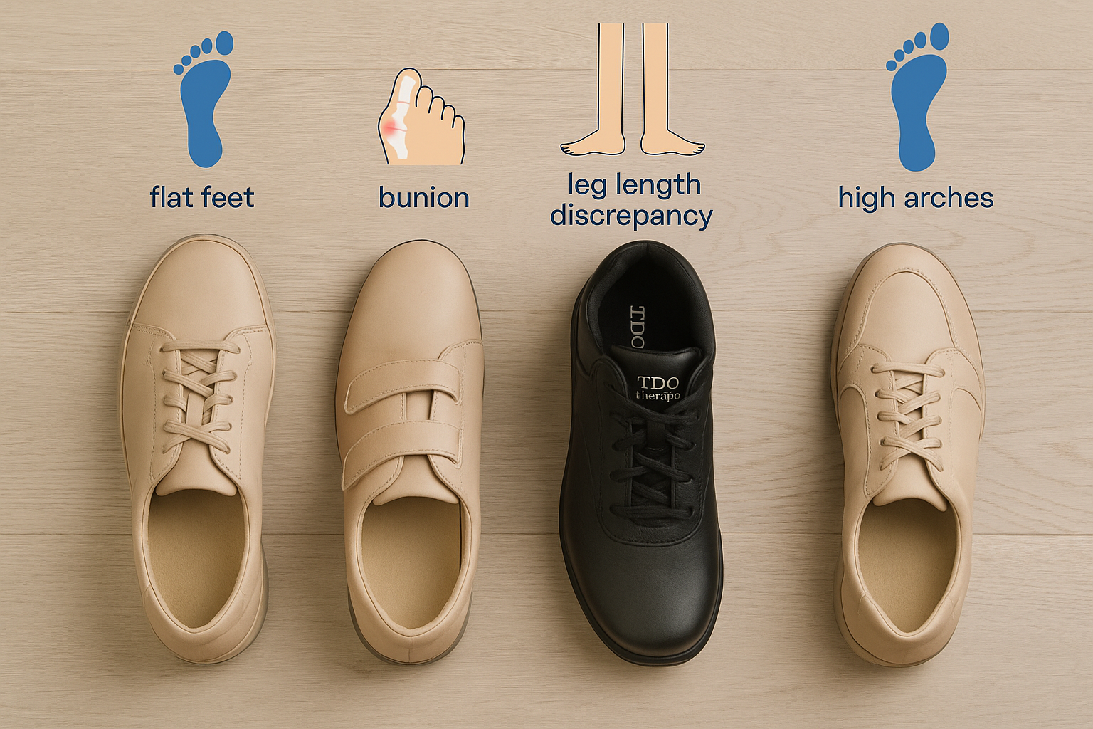 TDO Therapy orthopaedic shoes designed for different foot types: flat feet, bunions, leg length discrepancy, and high arches, displayed with corresponding shoe illustrations.