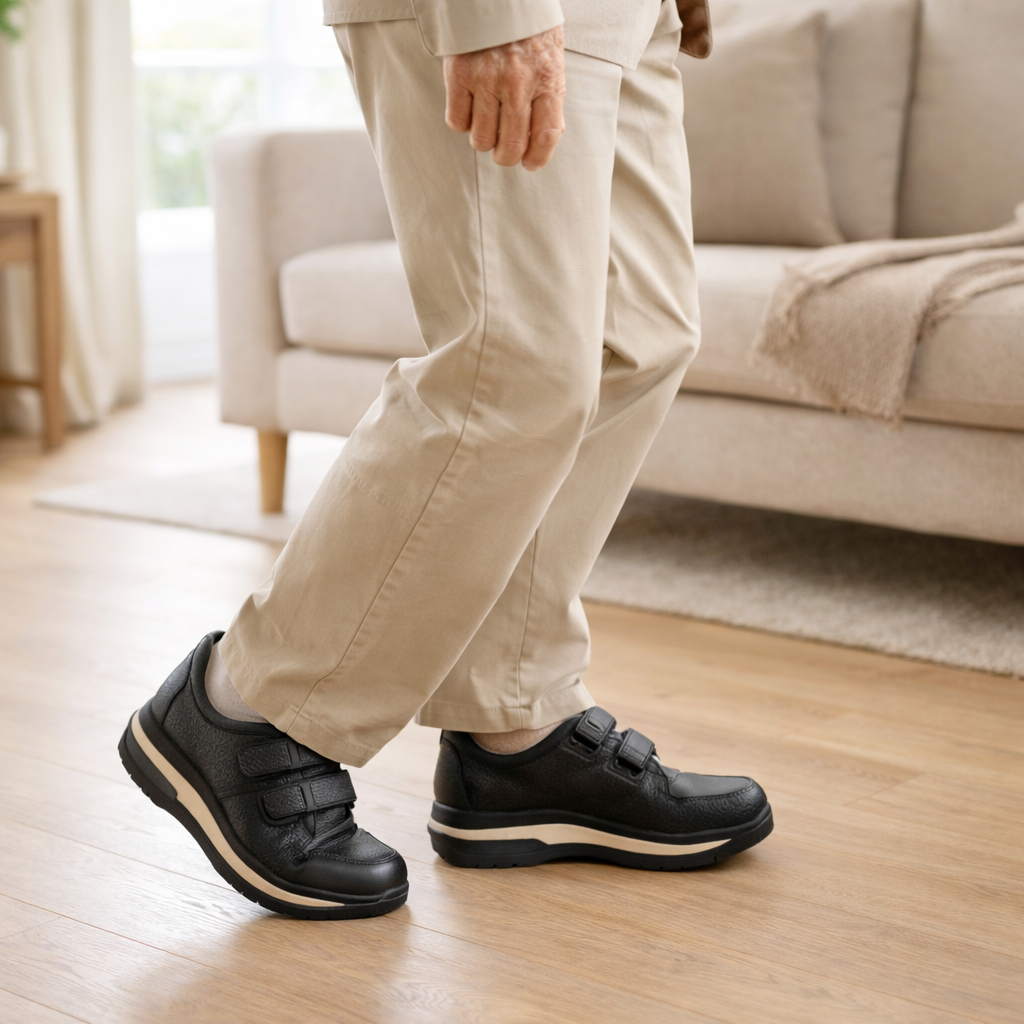 Orthopaedic shoe with rocker sole supporting stable walking indoors