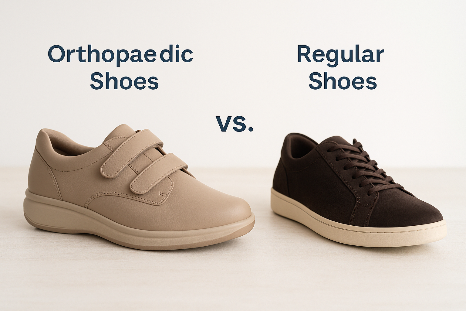 Comparison between orthopaedic shoes and regular shoes, highlighting key features such as Velcro straps and thicker midsoles for orthopaedic shoes vs flat laces and thinner midsoles for regular shoes.