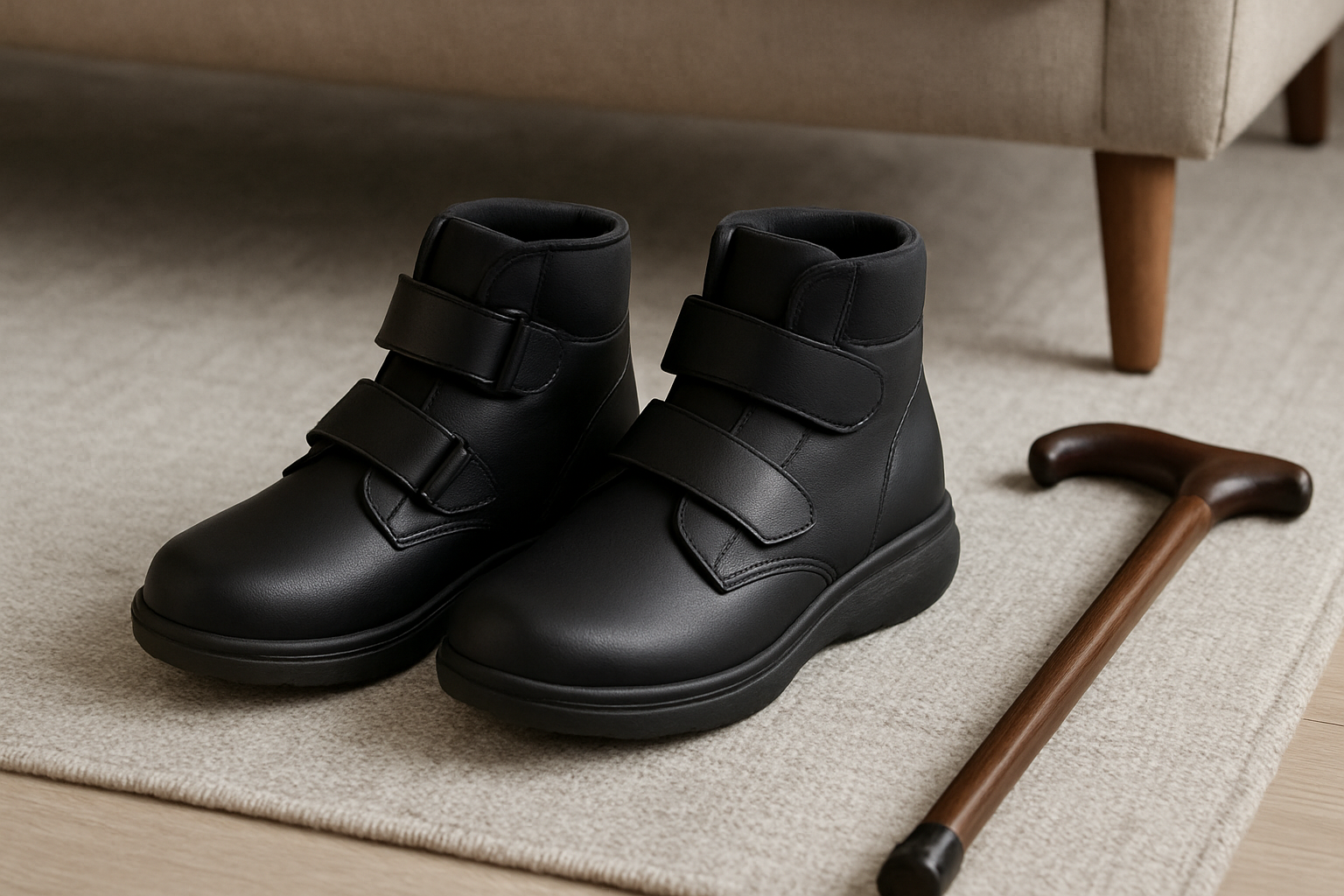 Black orthopedic ankle-support shoes on a rug with a walking cane beside them