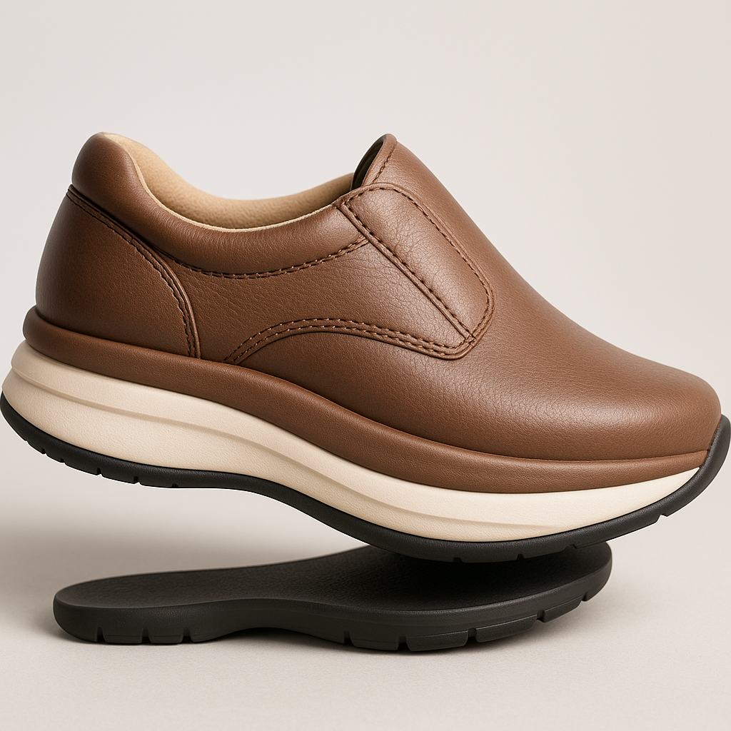 Person walking comfortably with improved energy efficiency thanks to orthopedic shoes.