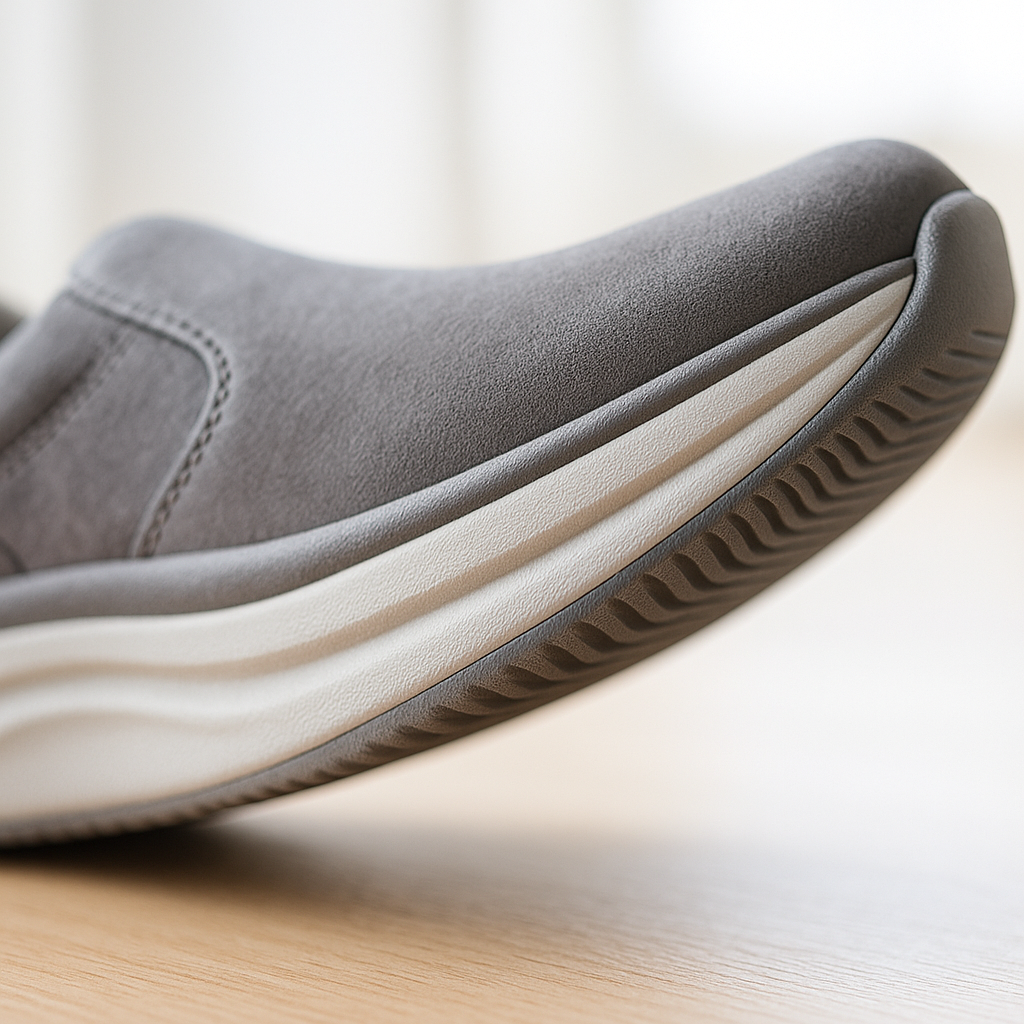 Orthopedic shoe sole with rocker bottom design and shock-absorbing layers for joint protection.
