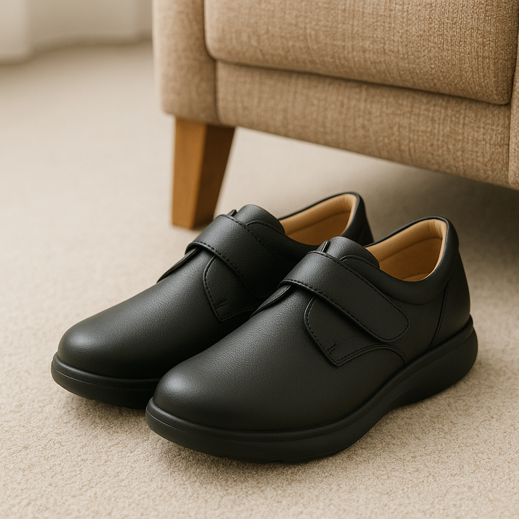 Orthopedic shoes displayed with supportive rocker soles and spacious design for aging feet.