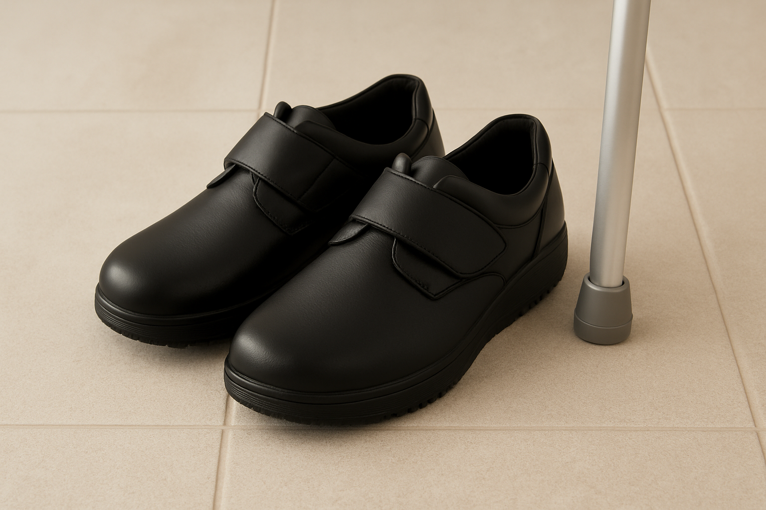 Black orthopedic shoes with non-slip soles placed on a tiled floor next to a walking stick.