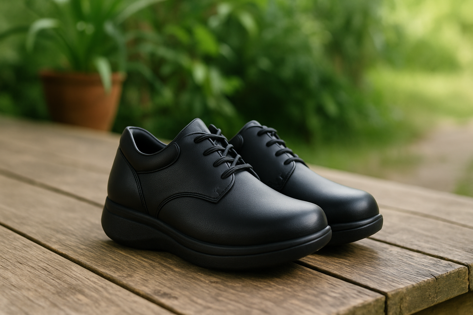 Supportive orthopedic shoes for sciatica relief displayed on a rustic wooden porch with plants.