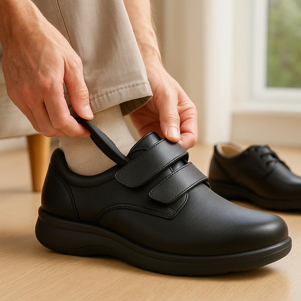 Older adult putting on breathable orthopedic shoes designed for better circulation.
