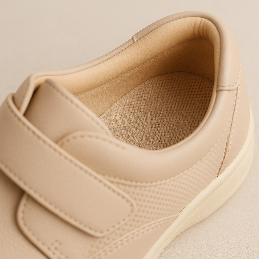 High-quality orthopedic shoe interior showing breathable natural materials and cushioning.