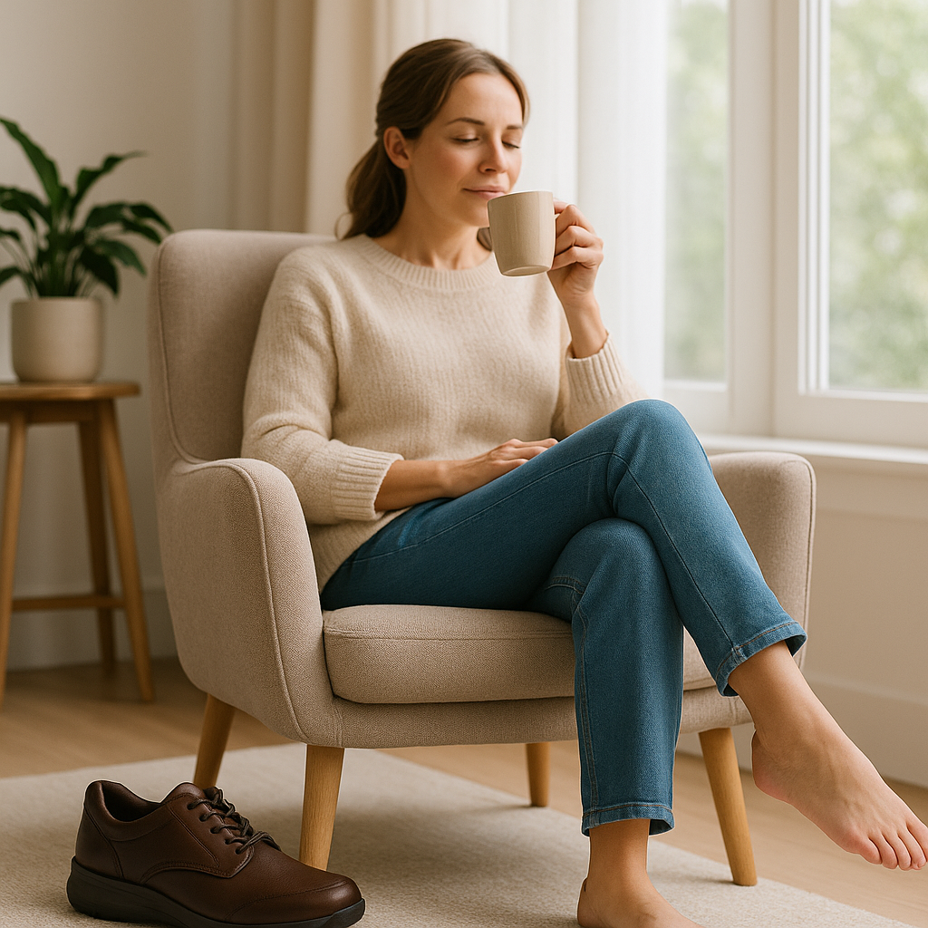 Relaxing self-care scene with orthopedic shoes placed beside a chair, representing comfort and wellbeing.
