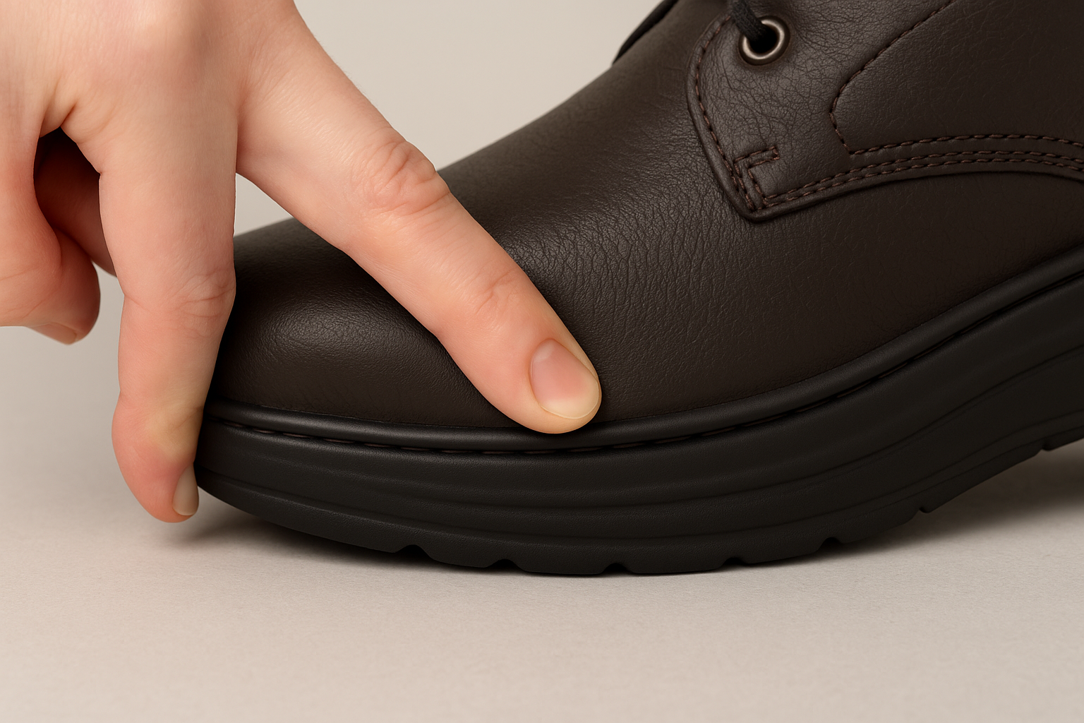 Close-up of orthopedic shoe sole compressing to absorb shock and protect joints.