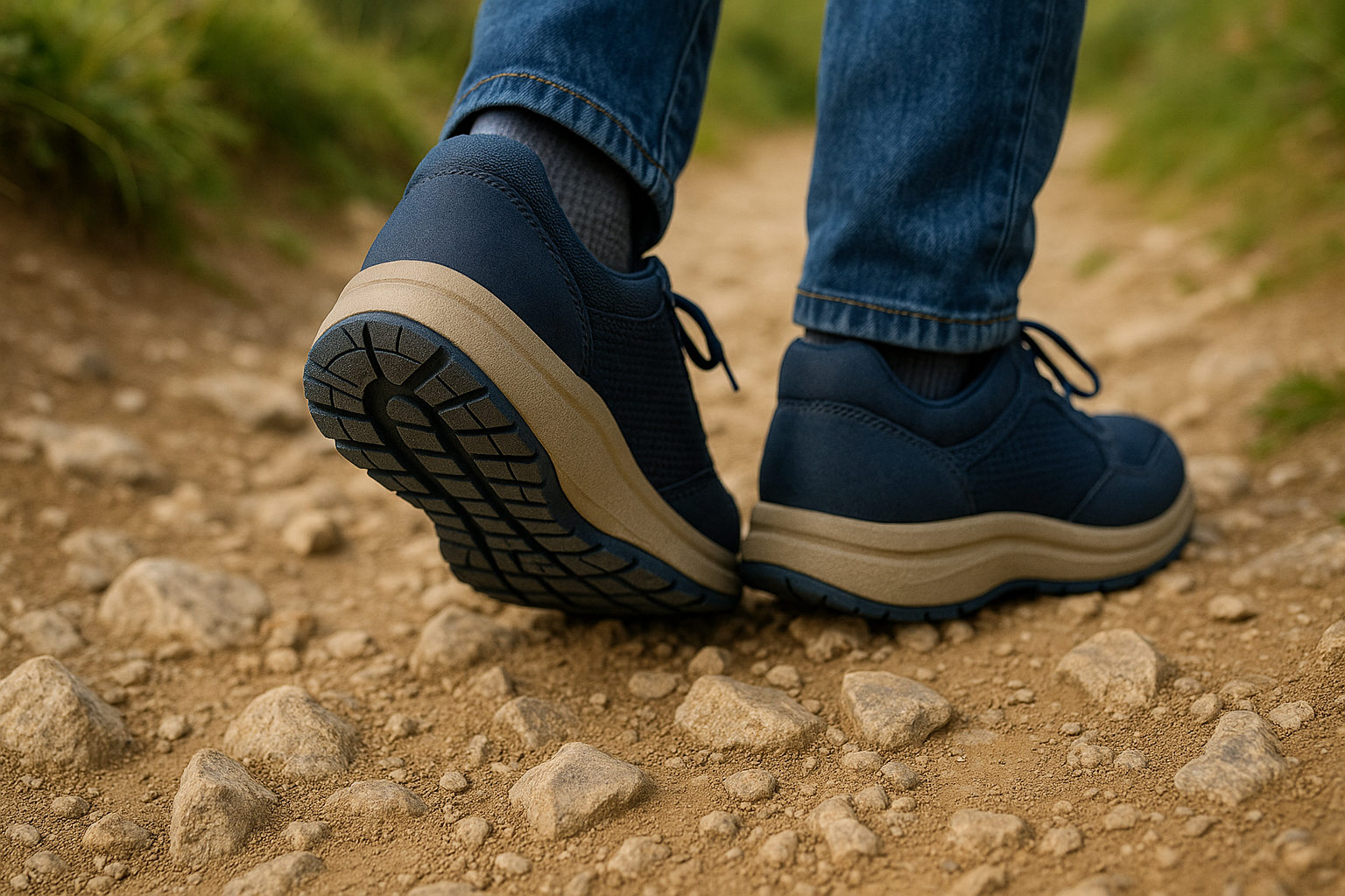Orthopedic shoe soles providing traction and balance on uneven countryside terrain.