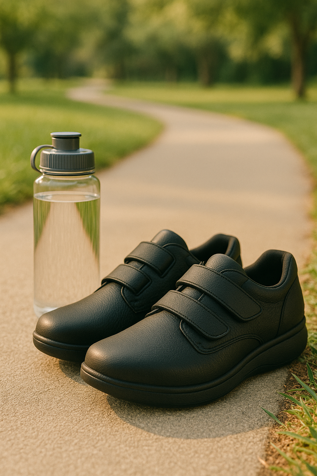 Orthopedic shoes displayed with walking accessories for long-distance comfort.