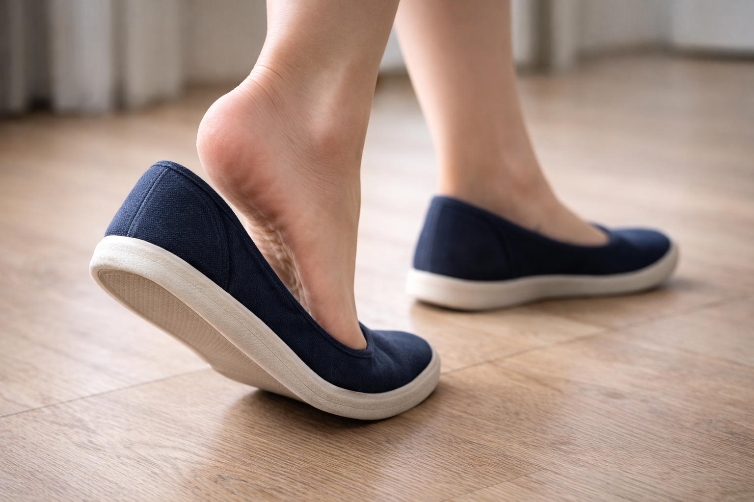 Oversized wide shoe causing heel instability and lack of support