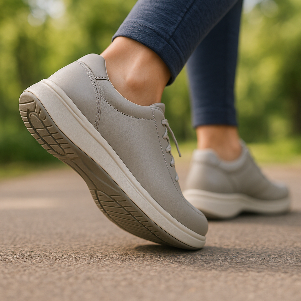 Rocker bottom sole of orthopedic shoes promoting smooth walking motion for fitness.