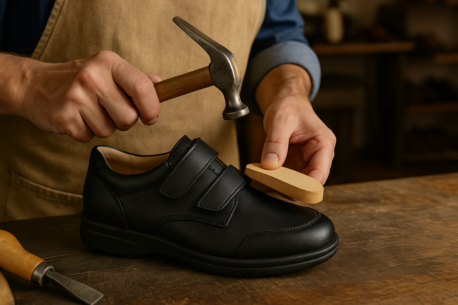 Craftsman attaching a heel raise build-up to a leather orthopedic shoe