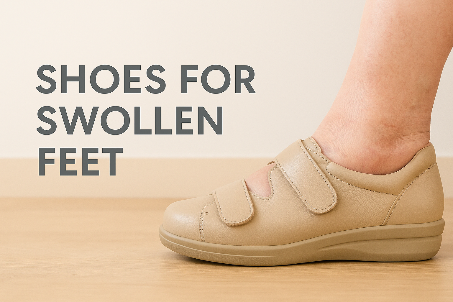 Close-up of beige orthopedic shoes with adjustable straps, designed for swollen feet, showcasing comfort and support in a neutral, softly lit setting with light wooden flooring