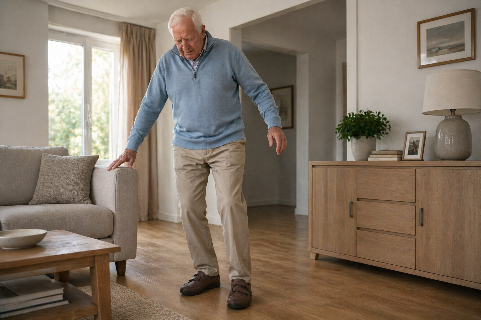 older adult wearing supportive orthopedic shoes standing indoors showing stability and balance support