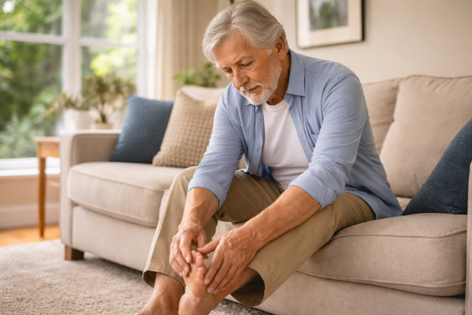 Older adult resting after walking due to foot fatigue