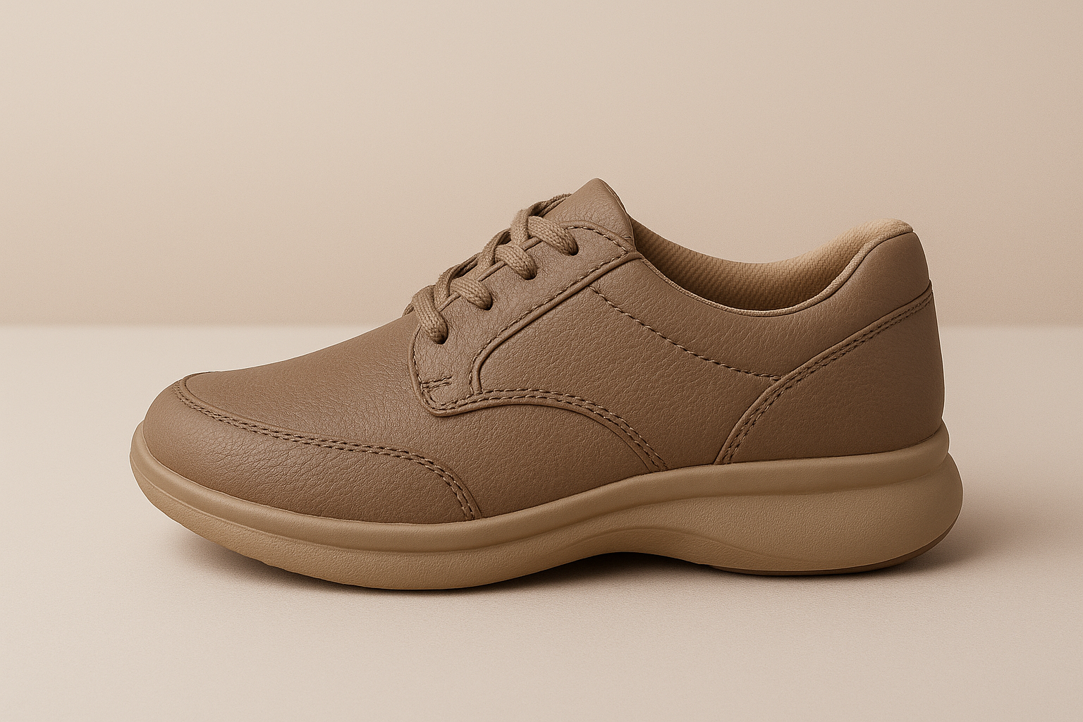 Orthopedic trainer showing subtle toe spring and rocker sole for smoother walking.