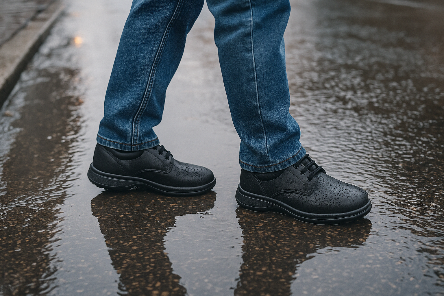 Adult walking on wet UK pavement wearing waterproof orthopedic shoes with slip-resistant soles.