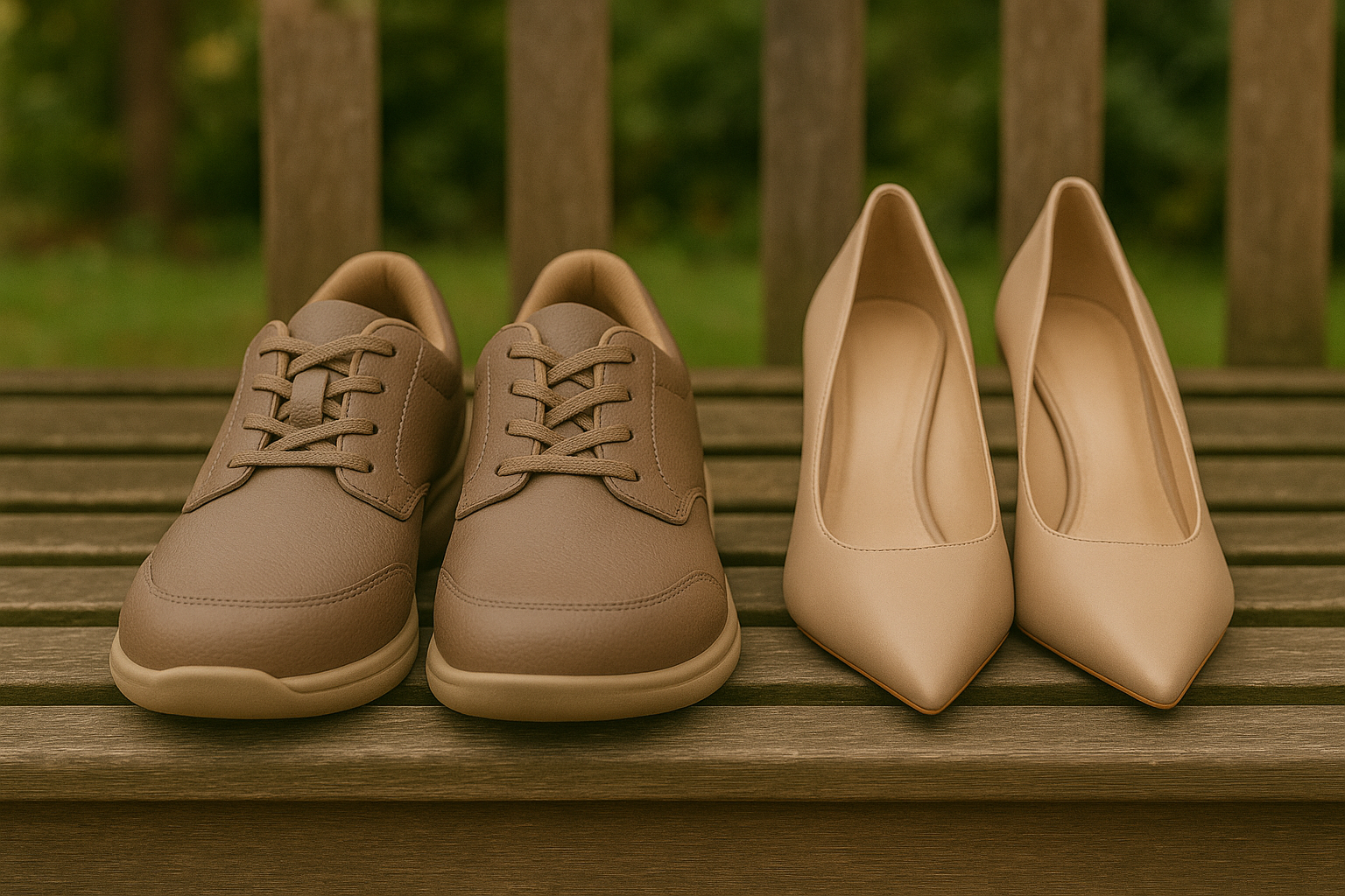 Wide toe-box orthopedic trainers beside narrow high heels showing footwear swap for Morton’s neuroma relief.