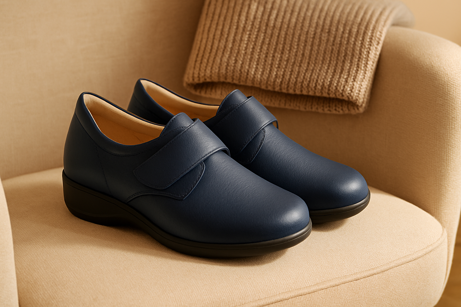 Navy women’s orthopedic shoes with elevated heel on an armchair beside a folded blanket.
