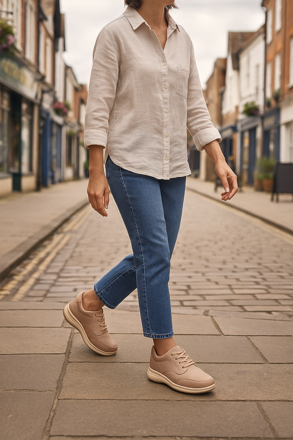 Woman styling beige orthopedic trainers with cropped jeans and linen shirt in UK spring setting.