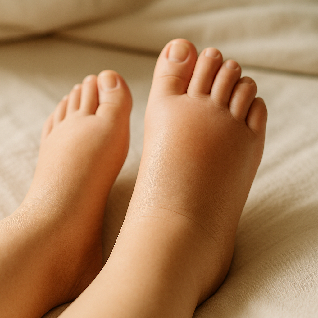 Close-up of swollen feet showing relief and comfort provided by orthopedic shoes for oedema and lymphoedema.