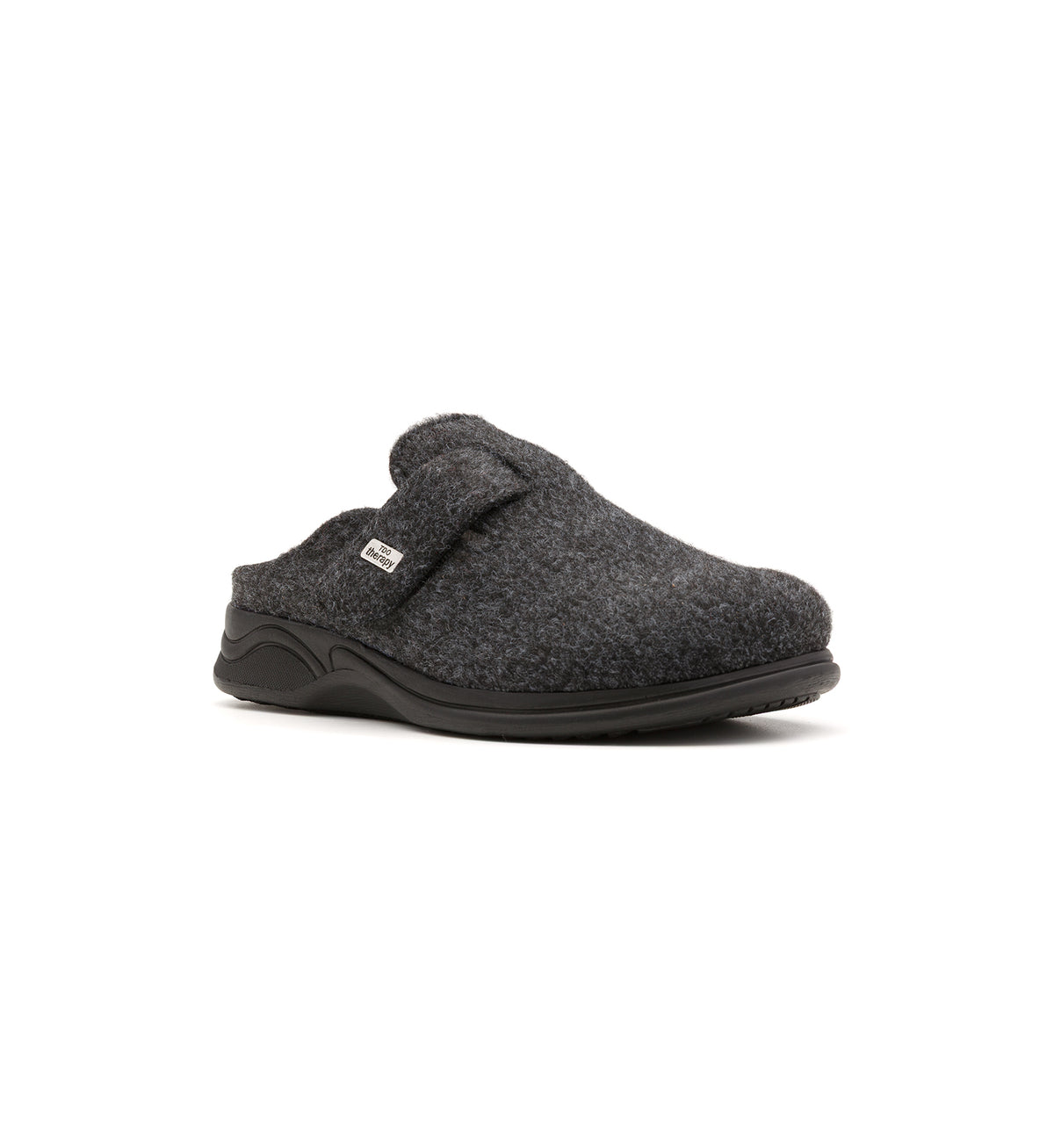 Anthracite Henley felt mule slipper, viewed from the front at an angle.